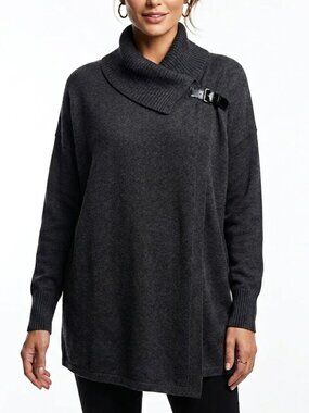 89th & Madison Dark Academia Charcoal Gray Buckle Cowl Neck Poncho Sweater XL